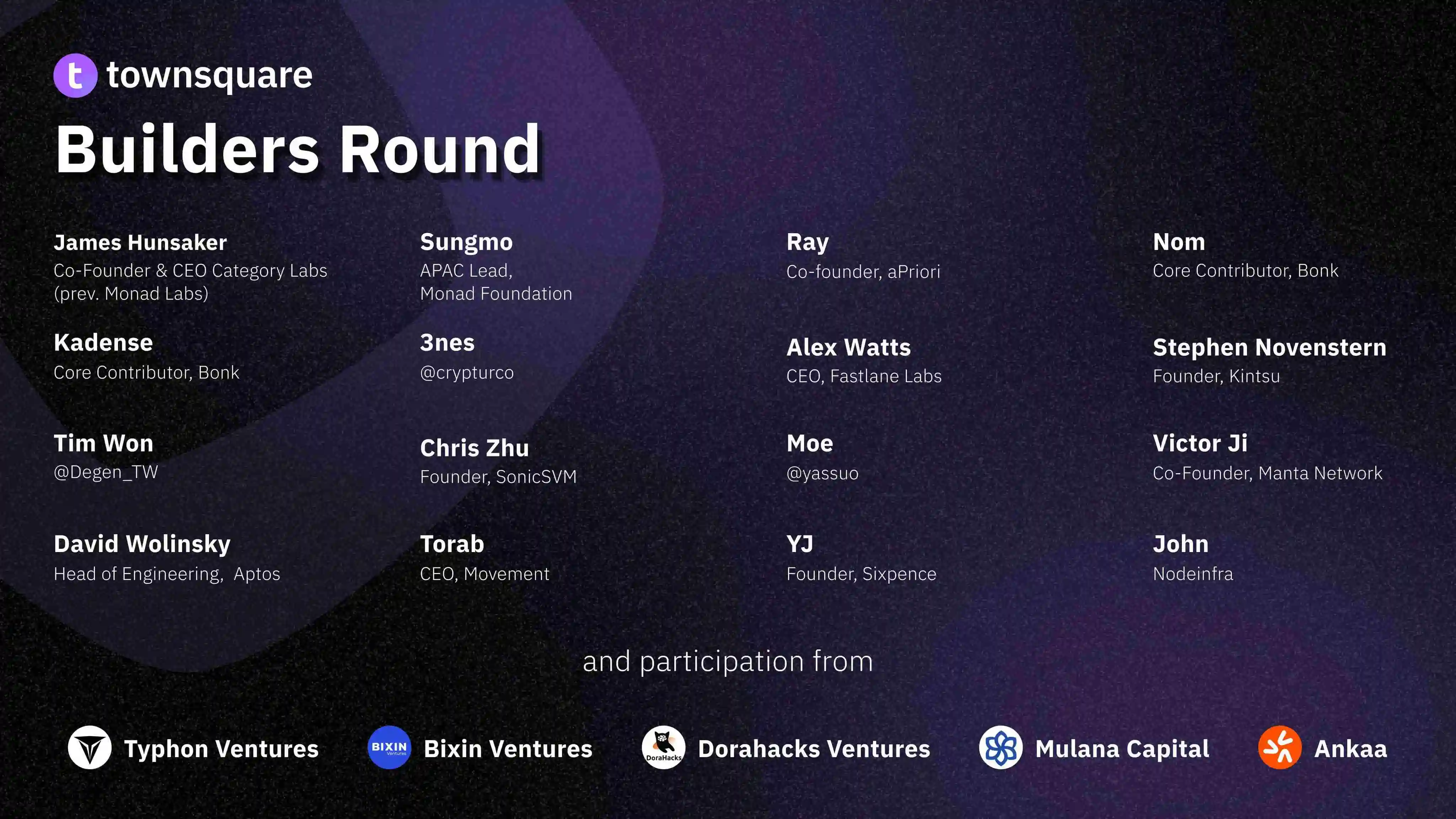 模块化货币市场协议 TownSquare 宣布完成 Builders 轮融资，Typhon Ventures、Bixin Ventures 等参投