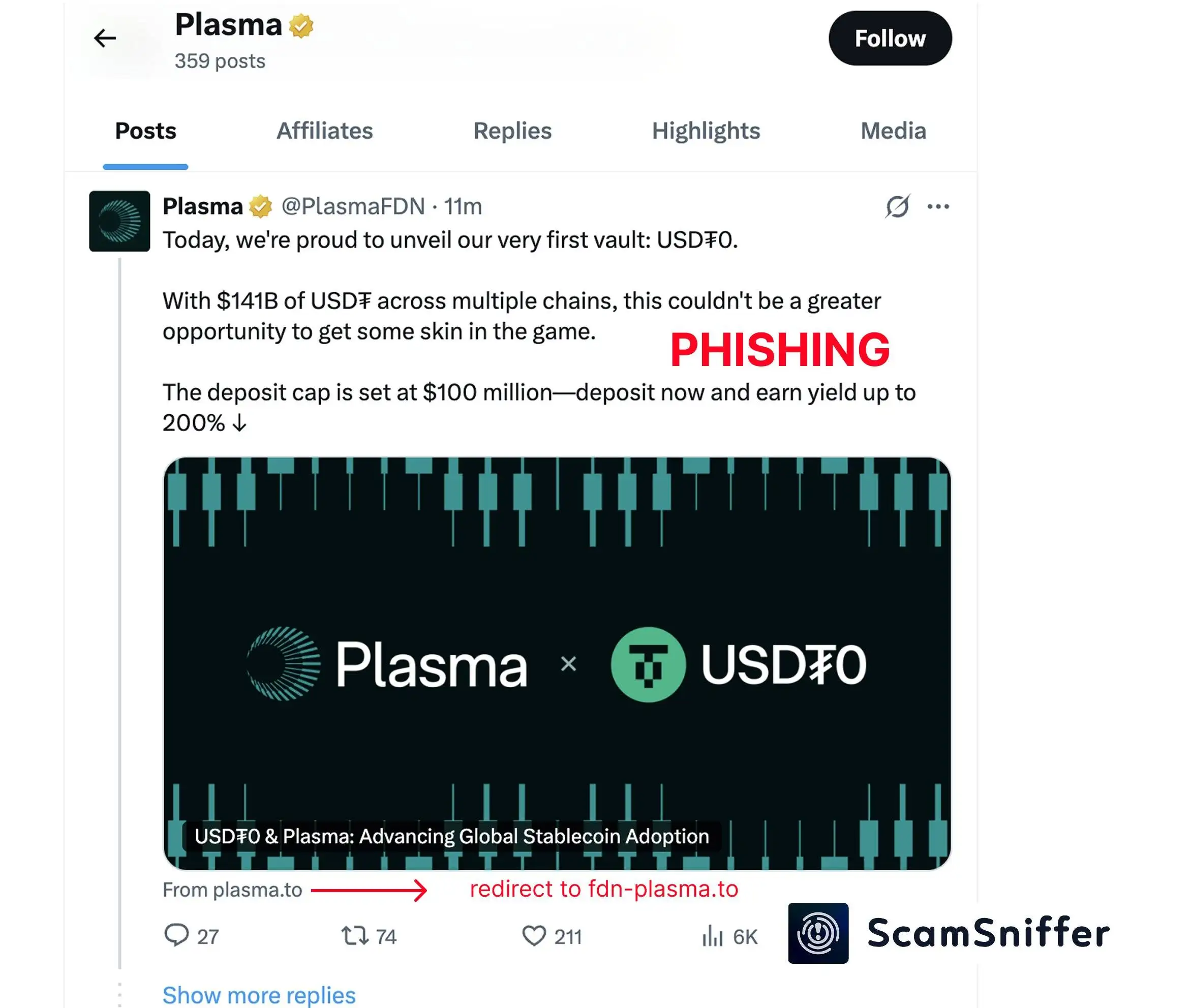 Plasma X账号遭黑客入侵发布钓鱼推文