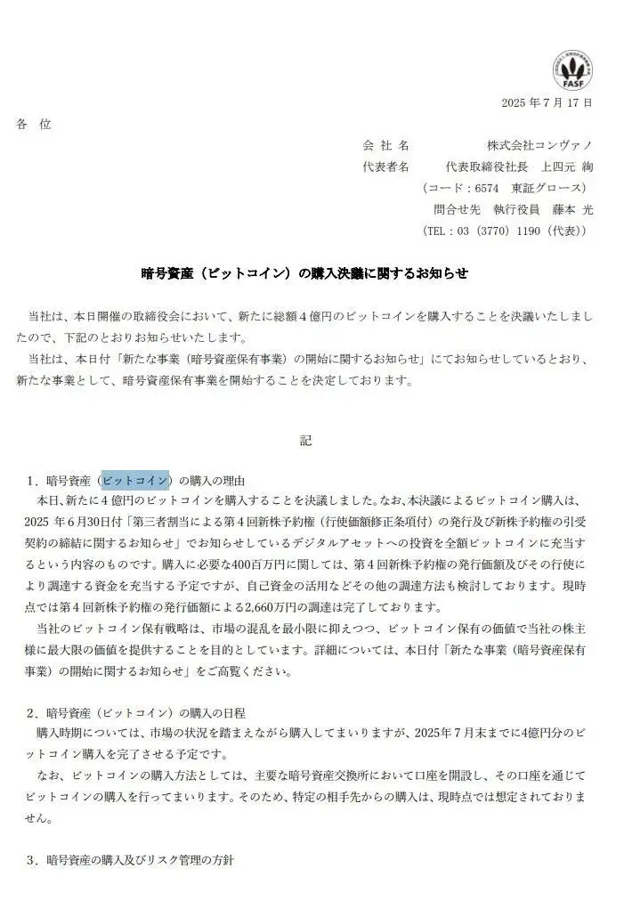日本上市公司Convano启动比特币储备战略