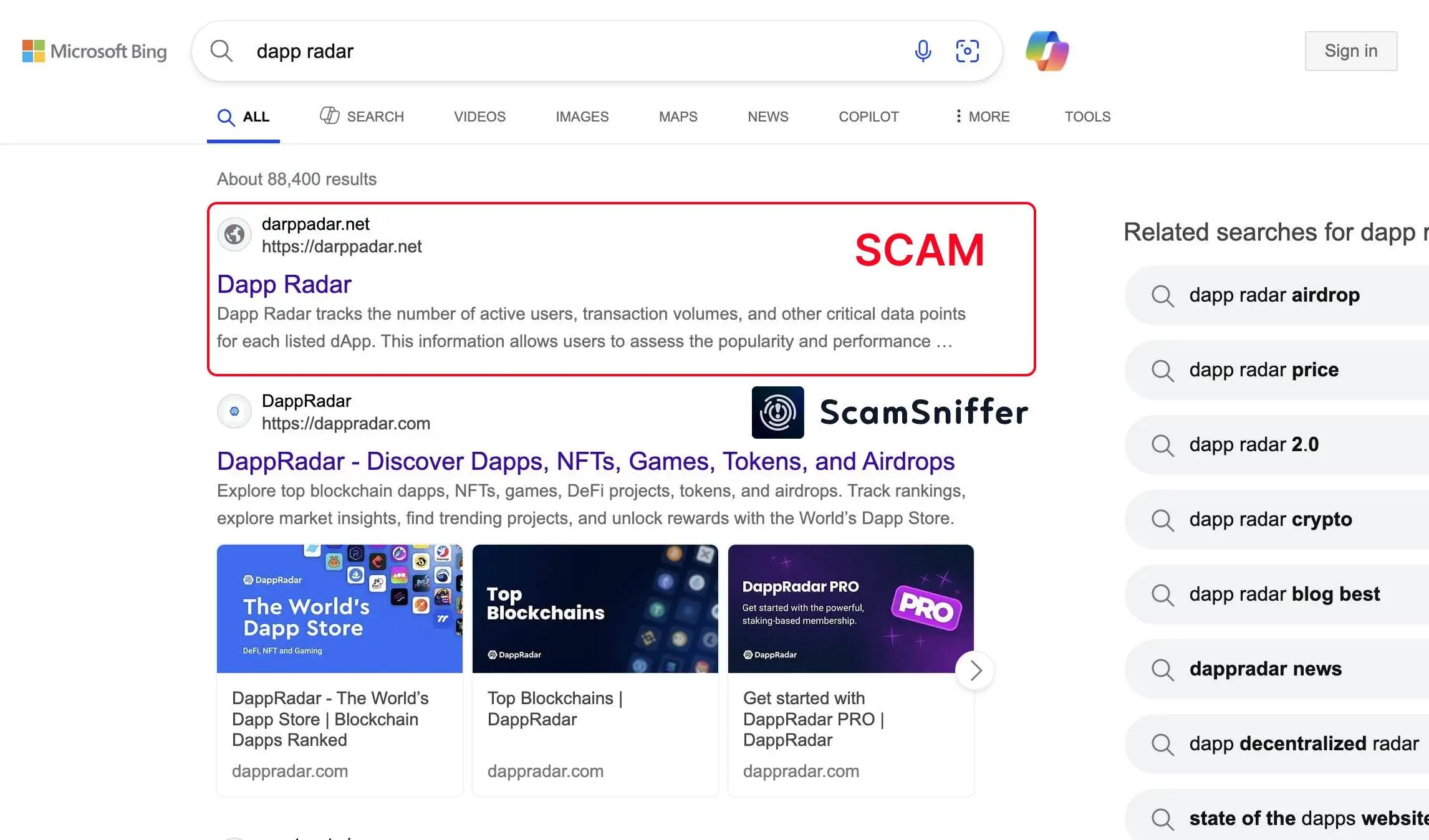 Scam Sniffer警示必应搜索DappRadar首现钓鱼网站