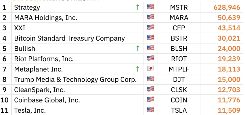 Bullish跻身全球比特币储备上市公司第五名，特斯拉退出前十