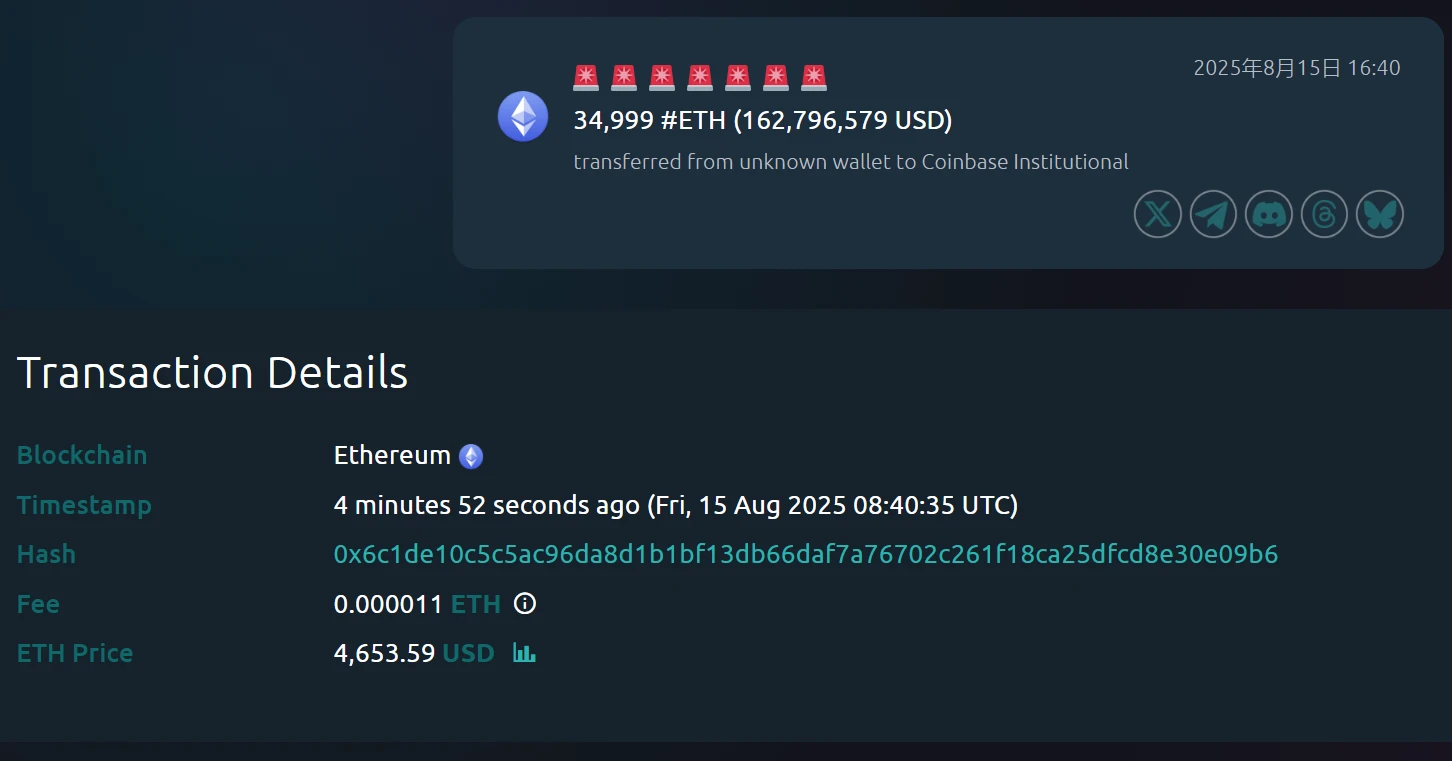 某钱包向Coinbase Institutional转账34,999枚以太坊，价值约1.63亿美元