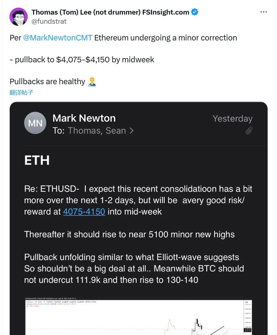 BitMine新任主席Tom Lee引用报告称以太坊回调属健康调整