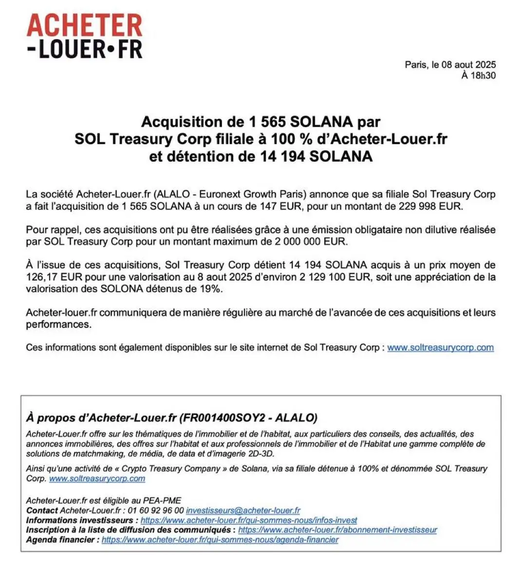 法国上市公司Acheter-Louer.fr子公司增持1,565枚SOL 总持仓达14,194枚约合270万美元