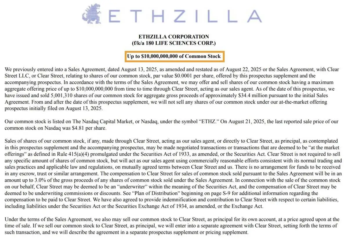 ETHZilla修订证券销售协议计划募资100亿美元增持ETH
