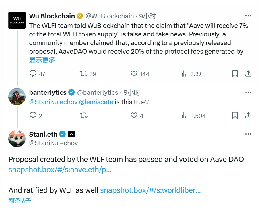 Aave创始人澄清WLFI代币传言 提案获通过并获批准