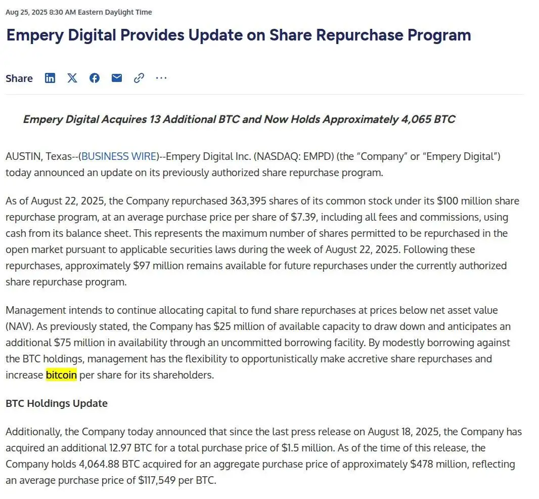 纳斯达克上市企业Empery Digital增持13枚比特币 总持有量达4,065枚