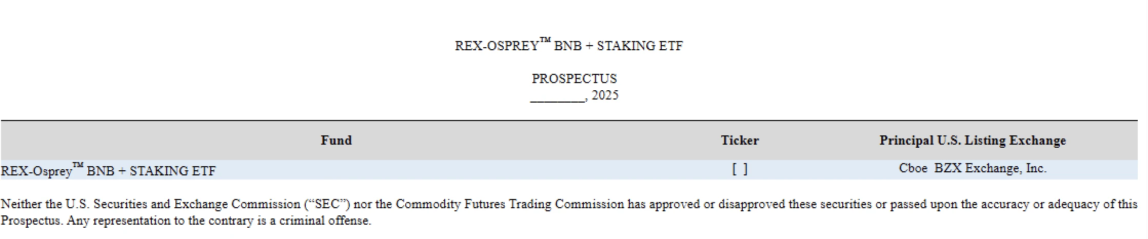 Rex Shares申请推出BNB质押ETF，彭博分析师披露详情