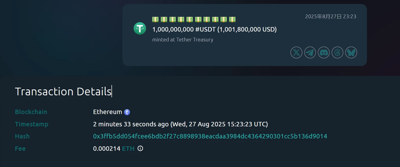 Tether Treasury通过以太坊链新增铸造10亿枚USDT