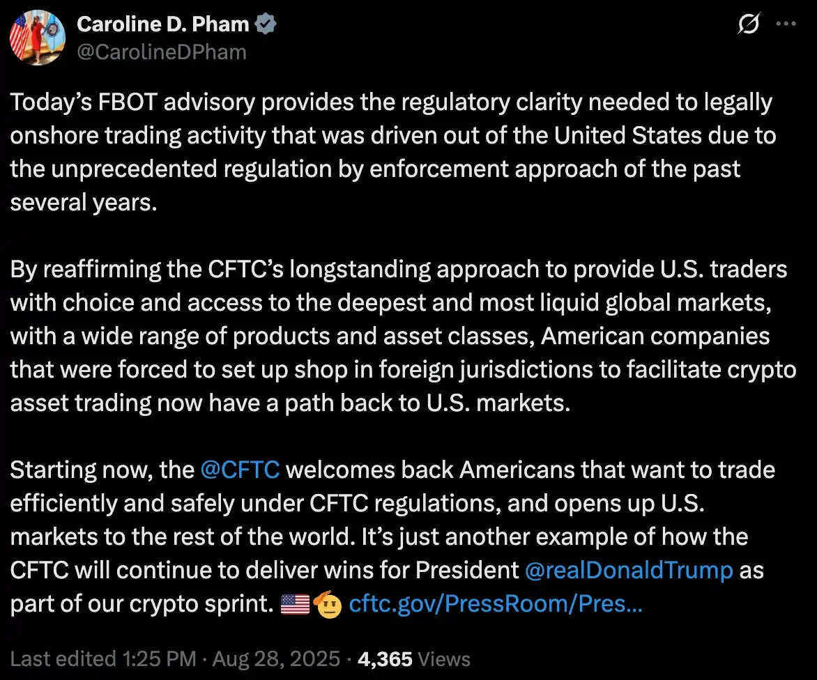 CFTC开放FBOT注册，海外加密交易所可合规重返美国市场