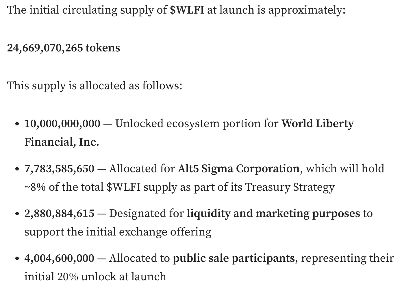 World Liberty Financial公布代币发行计划，初始流通量约246.69亿枚