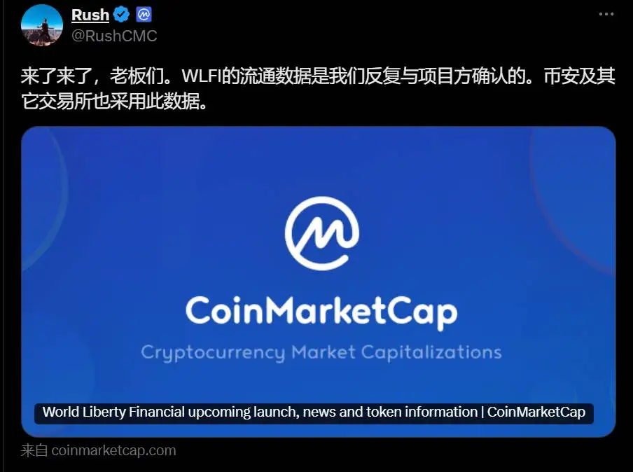 CoinMarketCap确认WLFI流通数据 273亿枚远超预期