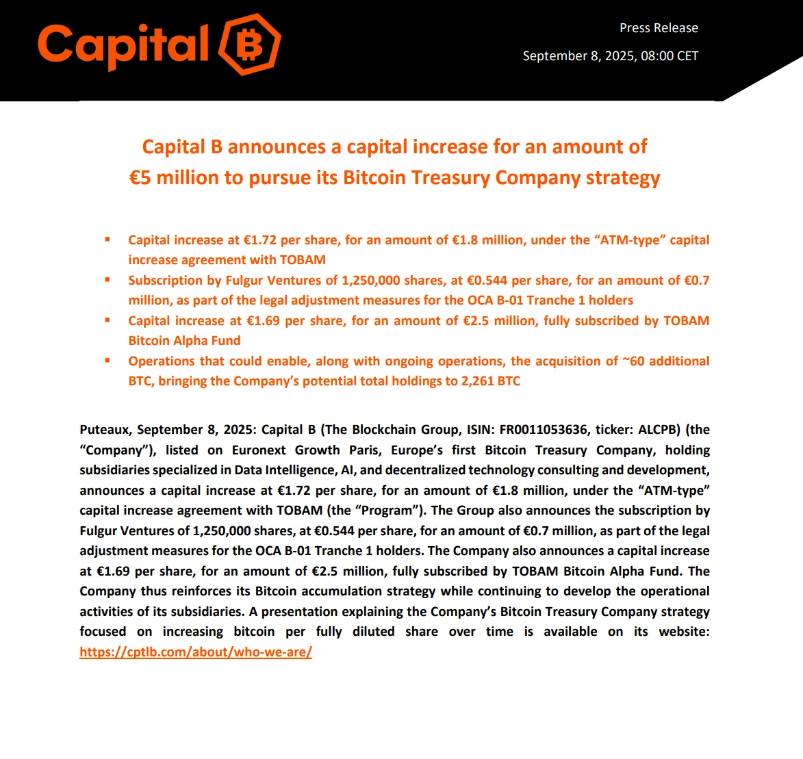 法国上市公司Capital B完成580万美元融资，拟增持比特币新增60枚BTC