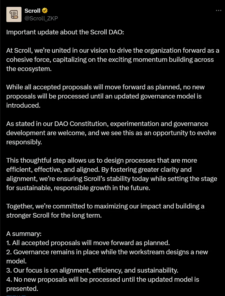 Scroll DAO宣布暂停接收新提案 已通过提案将继续执行