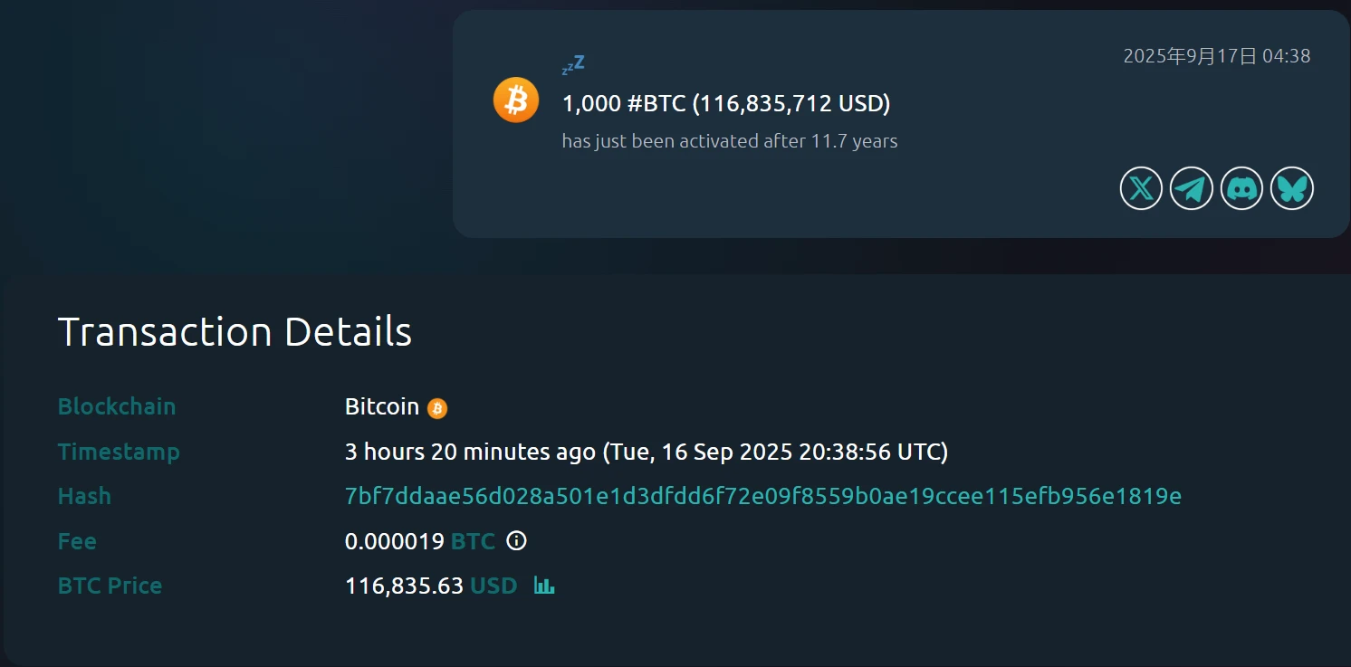 沉寂11.7年比特币地址被激活，持有1,000枚BTC