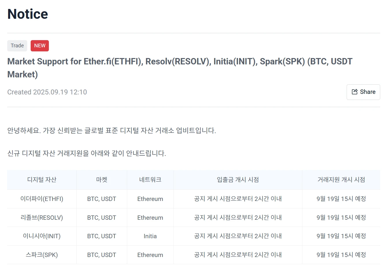Upbit新增ETHFI、RESOLV等四个代币BTC及USDT交易对